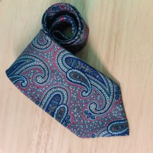 London Fog Paisley 100% Italian Silk Tie in Blue Brown and Burgundy For Tall Man